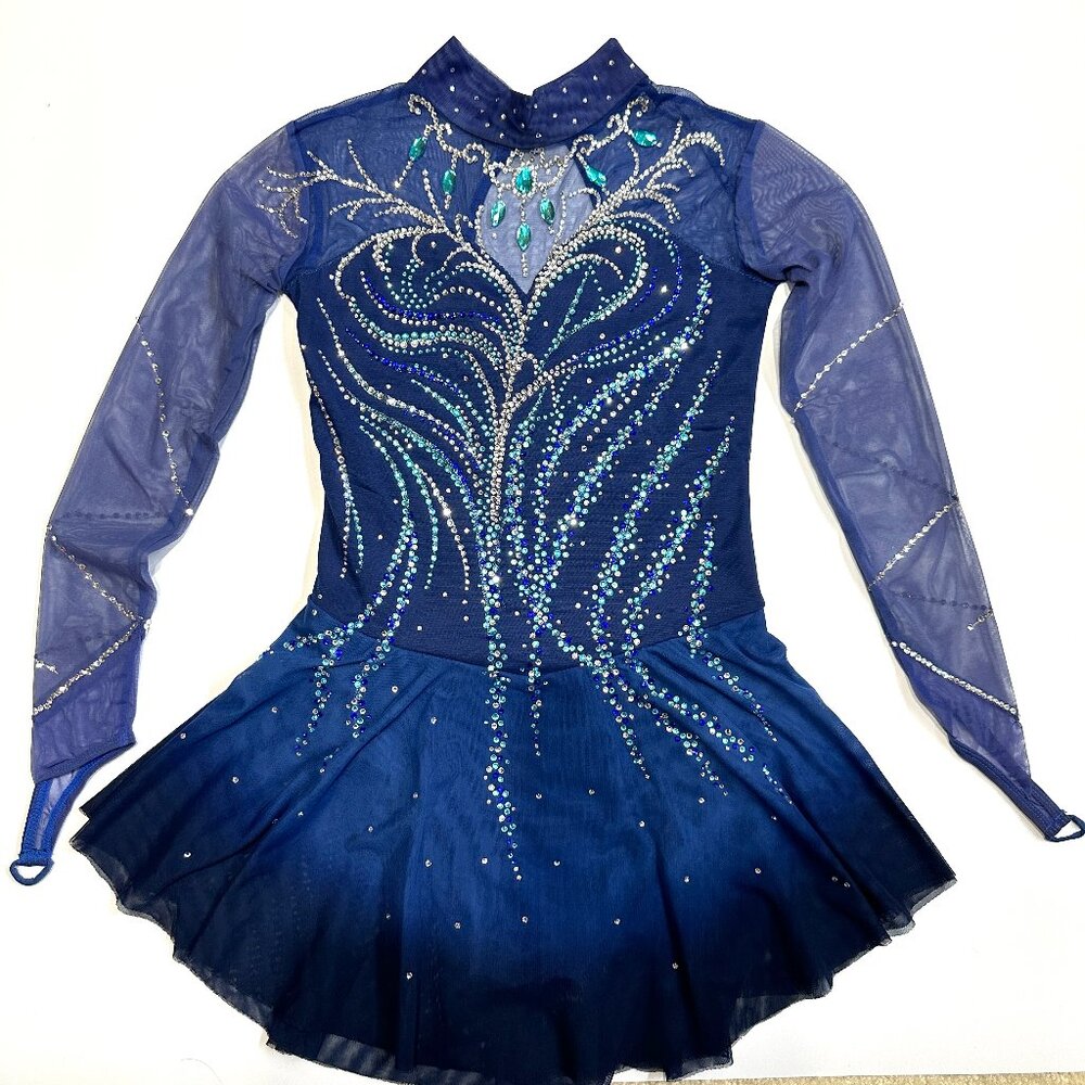 Girls Long Sleeve Figure Ice Skating Dress Rhinestones Mesh Ballet Dance Dresses